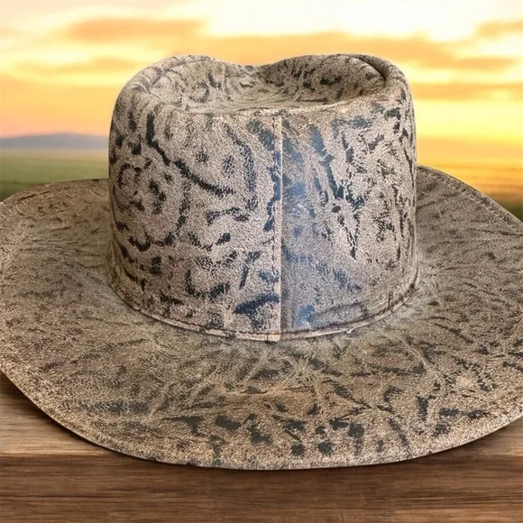 Leather henschel hat sz LG woman’s brown embossed faux buffaloe hide - Picture 8 of 10